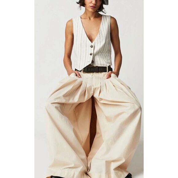 Free People Cassia Pleated Wide Leg Contemporary Cream Trousers Pants Women’s 8 - Picture 1 of 14
